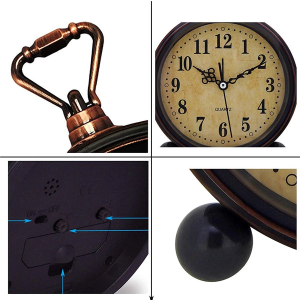 A vintage metal battery alarm clock night light with a brass handle and a round face showing the time.
