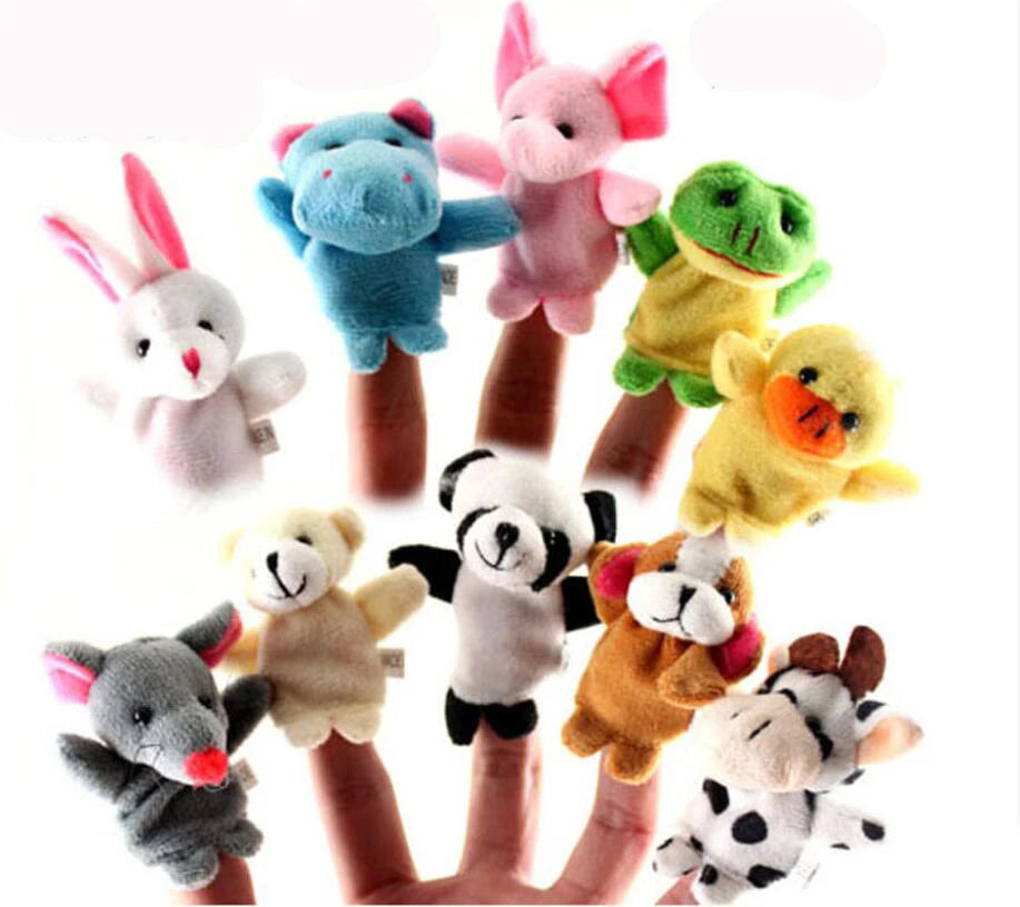A collection of plush animal finger puppets featuring various colors and textures for storytelling.