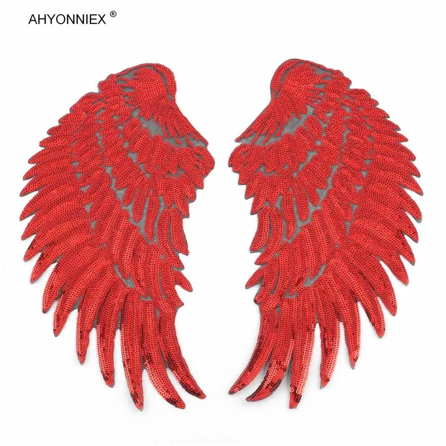 A pair of large red sequin wing patches for DIY sew-on or iron-on embellishment.