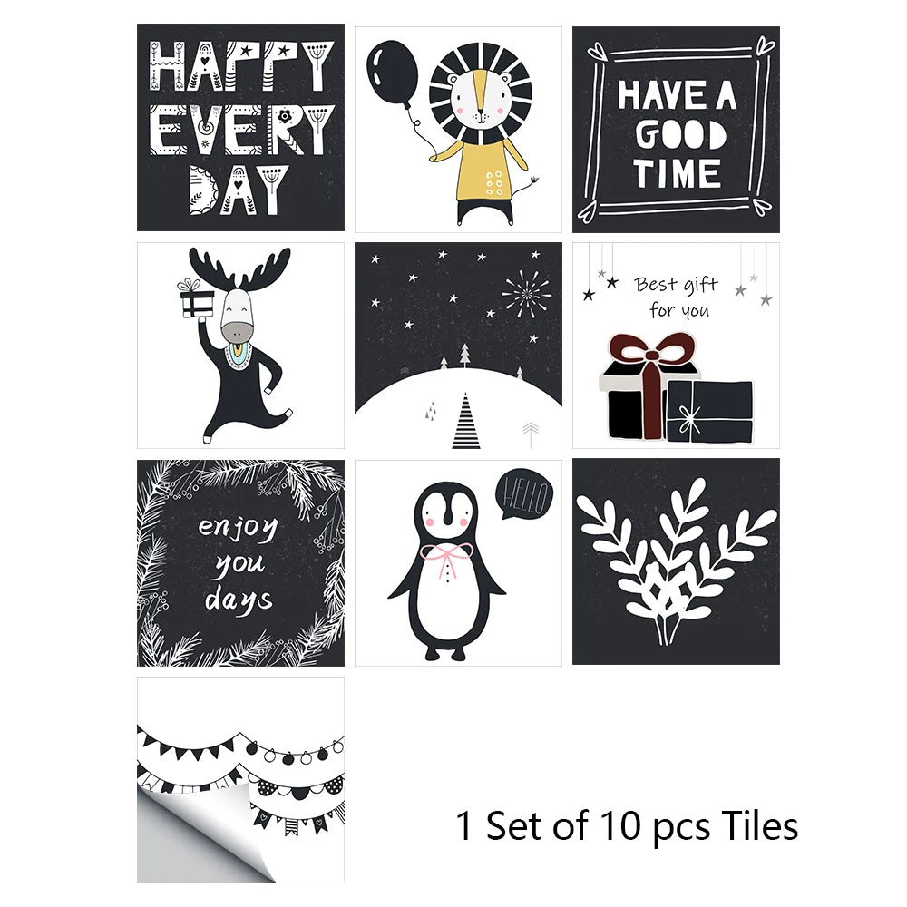 A set of ten decorative tiles featuring various holiday and greeting messages like Happy Every Day and Have a Good Time