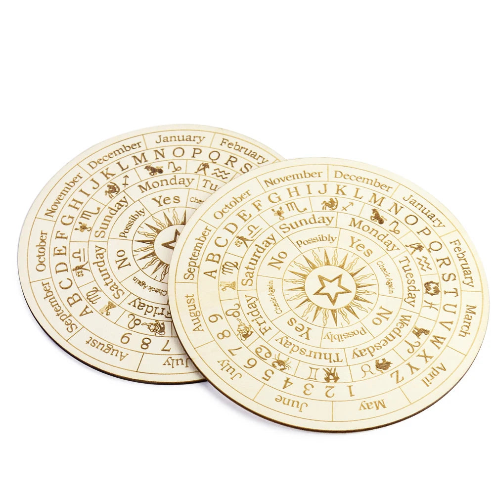 A wooden constellation pendulum board showing zodiac signs and months for divination altar decoration.