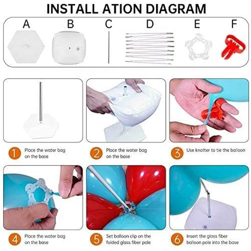 Installation diagram showing steps to assemble a reusable balloon arch kit with a base and fiber pole