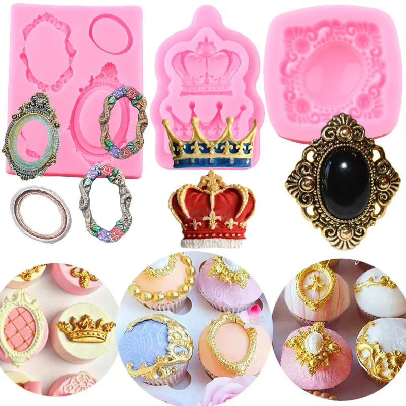 مجموعة قوالب سيليكون وردية وذهبية لتزيين الكعك، تشمل تيجان ملكية وإطارات مزخرفة وعناصر ديكور.