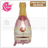 A pink aluminum foil champagne bottle with a gold foil top and a gold seal, displayed against a white background.