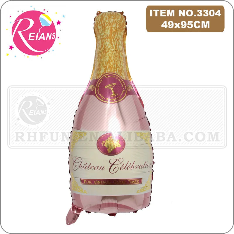 A pink aluminum foil champagne bottle with a gold foil top and a gold seal, displayed against a white background.