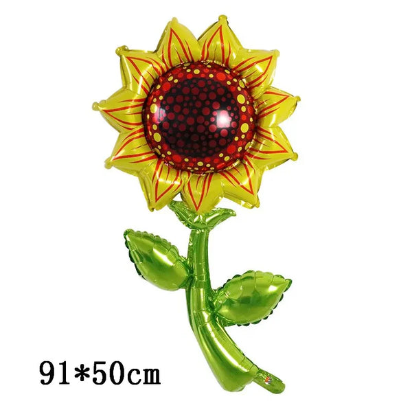 Un gran globo de confeti amarillo y rojo de girasol con centro texturizado y tallo verde.