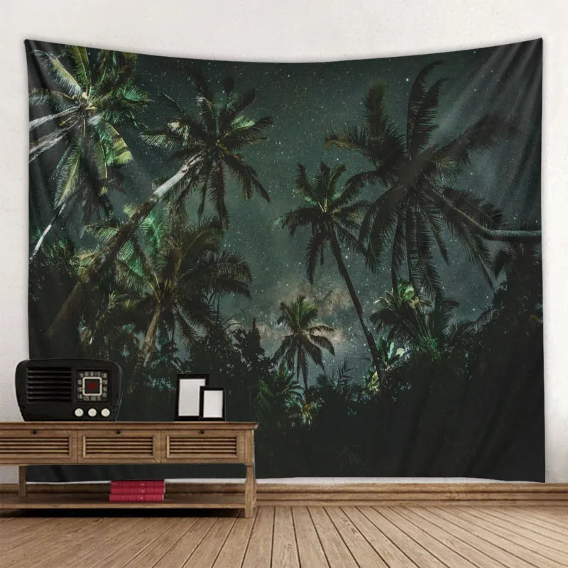 A dark tapestry depicting palm trees silhouetted against a starry Milky Way night sky.