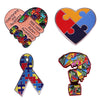 A set of puzzle ribbon pins featuring rainbow colors and awareness messages for autism.