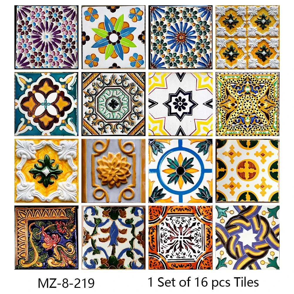 A set of 16 retro Moroccan peel and stick tile stickers featuring various geometric and floral patterns.
