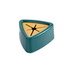 A teal suction cup towel holder with a yellow, star-shaped insert and a hook.