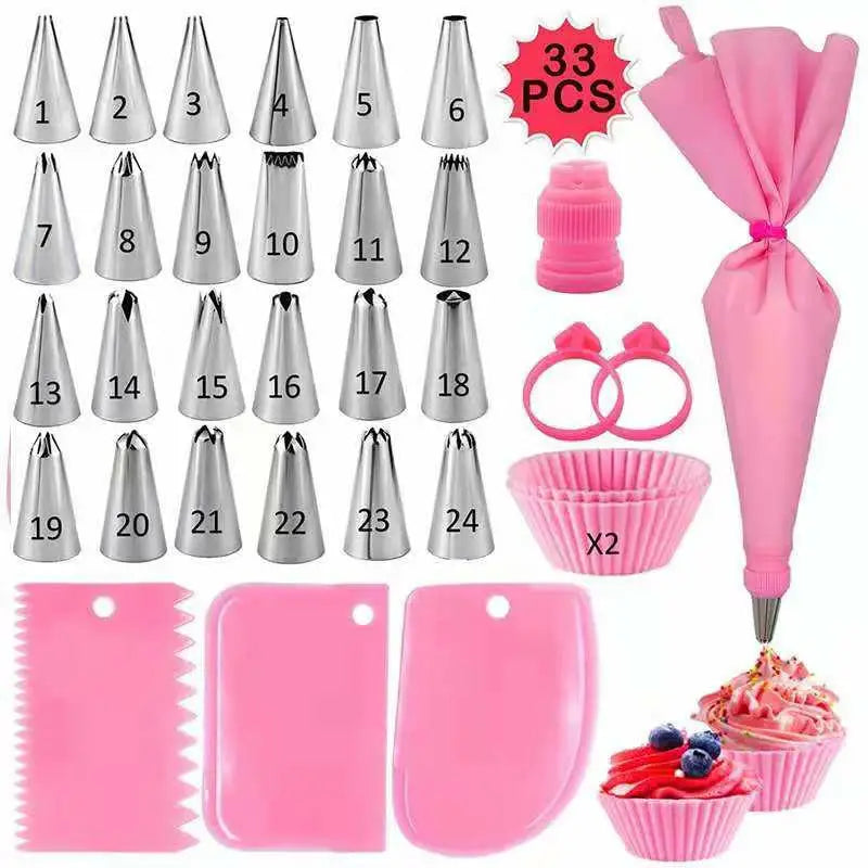 Juego de 33 boquillas para decorar pasteles de acero inoxidable y puntas de silicona rosa para hornear