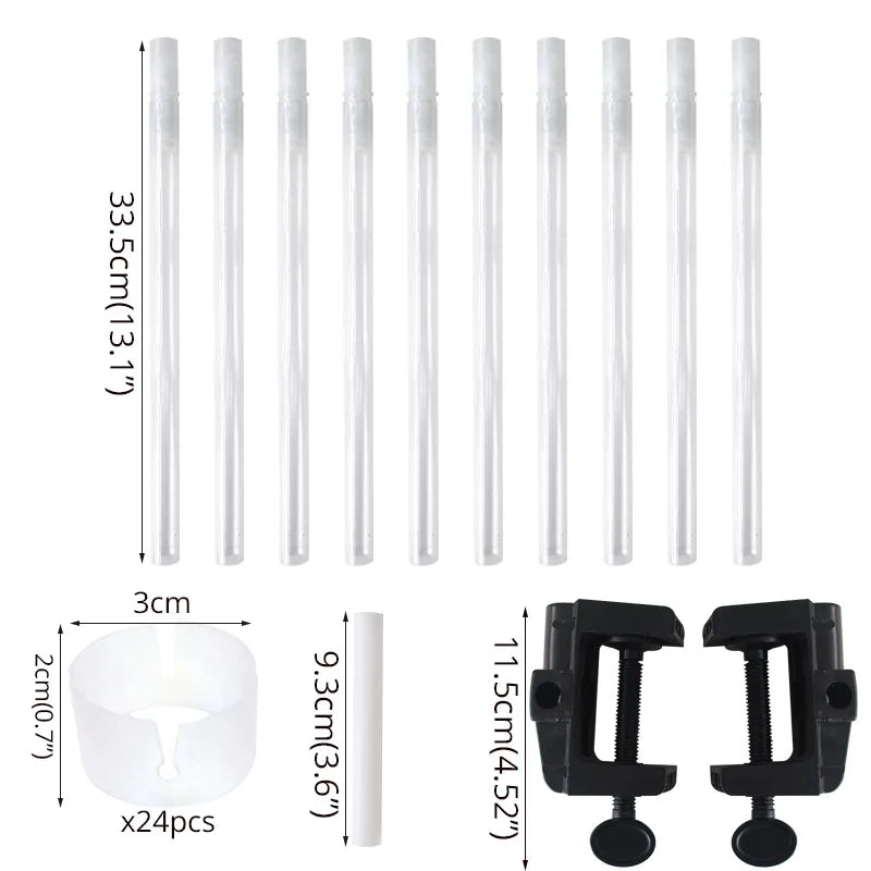 A set of clear plastic balloon arch column stands and black clip holders for display.