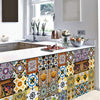 A kitchen counter decorated with a mosaic of colorful retro Moroccan peel and stick tile stickers.