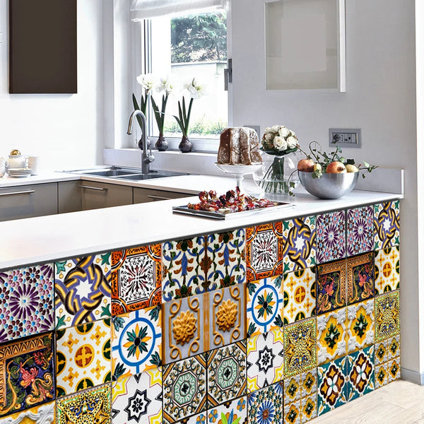 A kitchen counter decorated with a mosaic of colorful retro Moroccan peel and stick tile stickers.