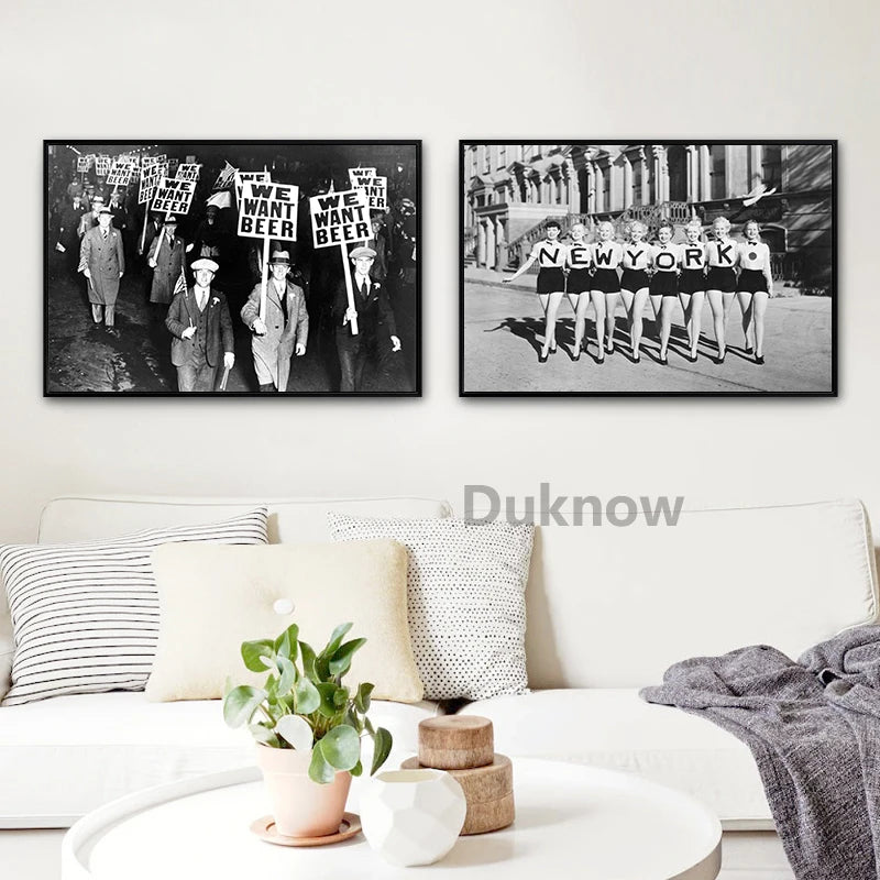 Black and white wall art featuring vintage prohibition-era beer signs and imagery.
