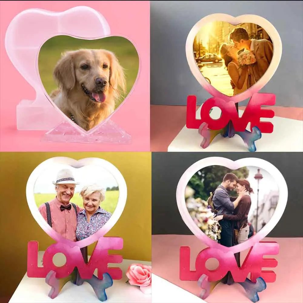 Four images showing heart-shaped silicone molds used for DIY photo frames with various subjects and colors.