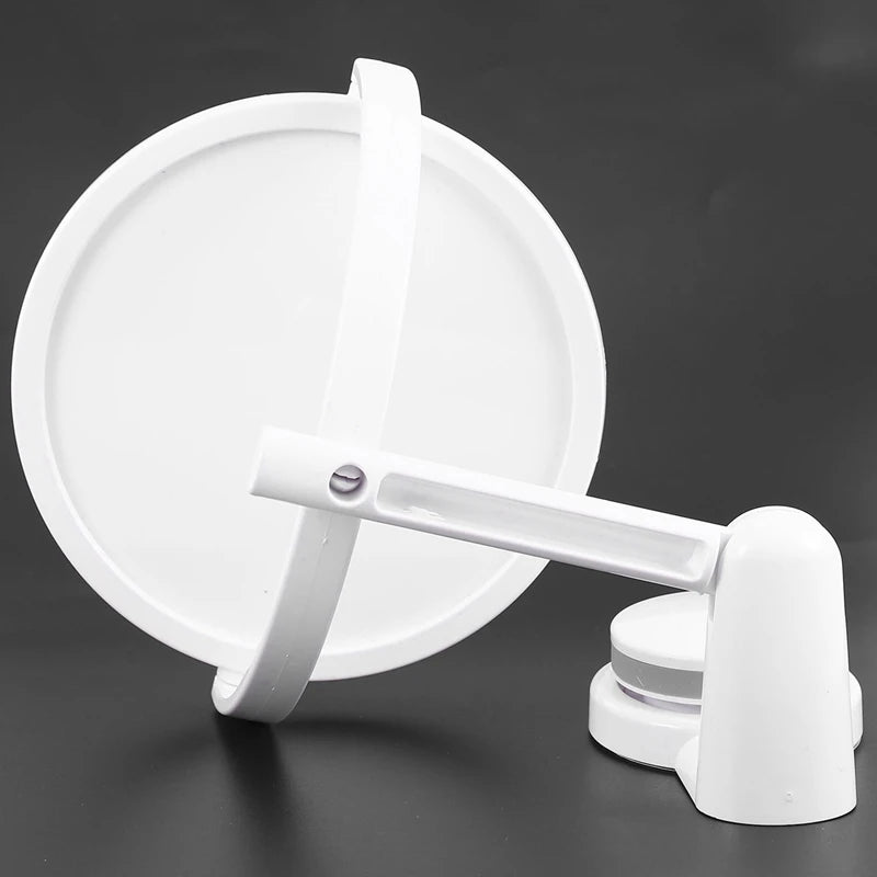 A white 360° rotating wall-mounted vanity mirror with an HD magnification lens.