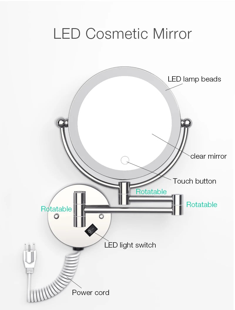 A wall-mounted LED cosmetic mirror with a clear glass surface, touch button, and rotatable light switch.