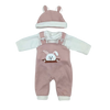 A pink doll outfit set for a rabbit, including a matching hat and full body suit.