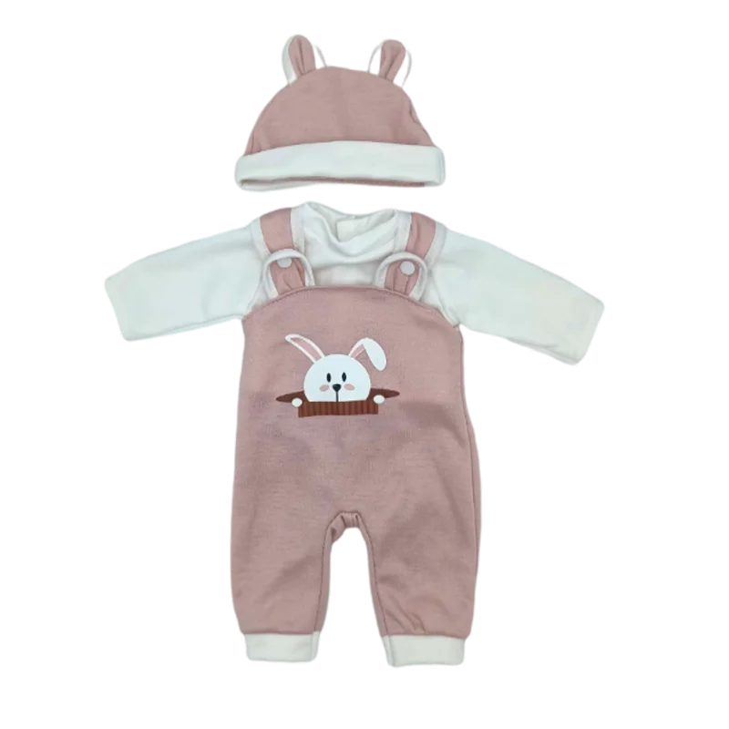 A pink doll outfit set for a rabbit, including a matching hat and full body suit.