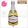A clear aluminum foil champagne bottle balloon decorated with gold and black stripes and a 'Celebrate' message.