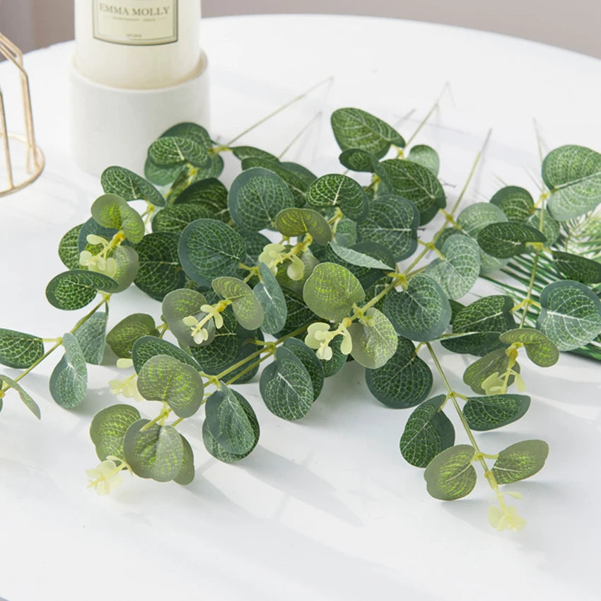 Green eucalyptus leaf stems arranged on a white surface with a white jar in the background.