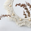Boho macrame round wall mirror with fringe and seed beads in natural beige color