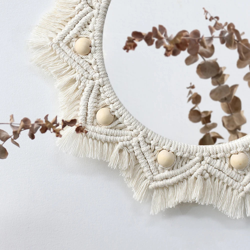 Boho macrame round wall mirror with fringe and seed beads in natural beige color