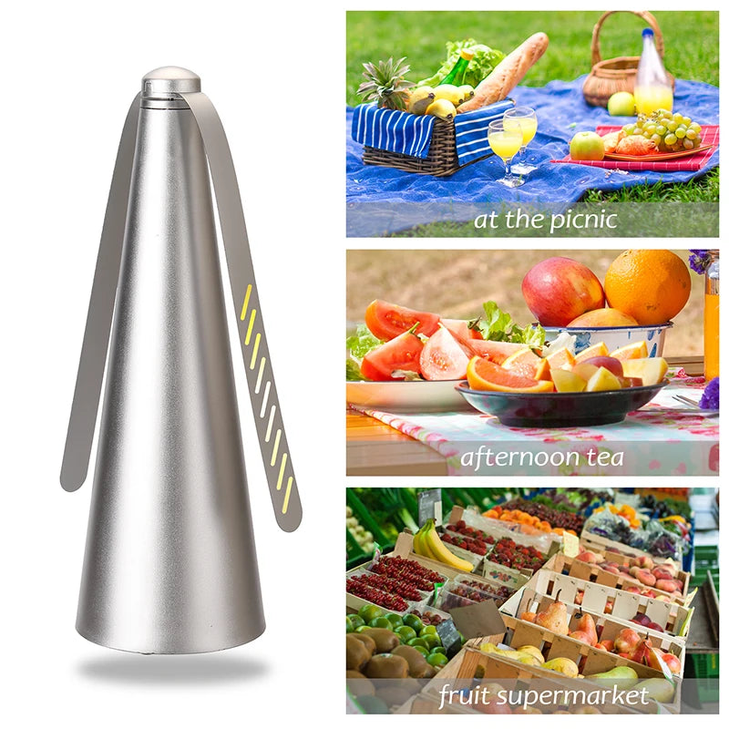 Silver automatic electric fly repellent fan shown in use at a picnic, afternoon tea, and fruit supermarket.