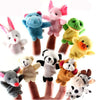 A collection of plush animal finger puppets featuring various colors and textures for storytelling.