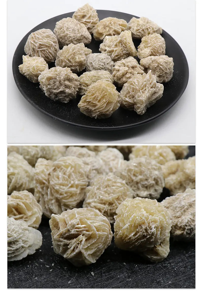 A pile of natural desert rose selenite stones in various shades of pale yellow and beige.