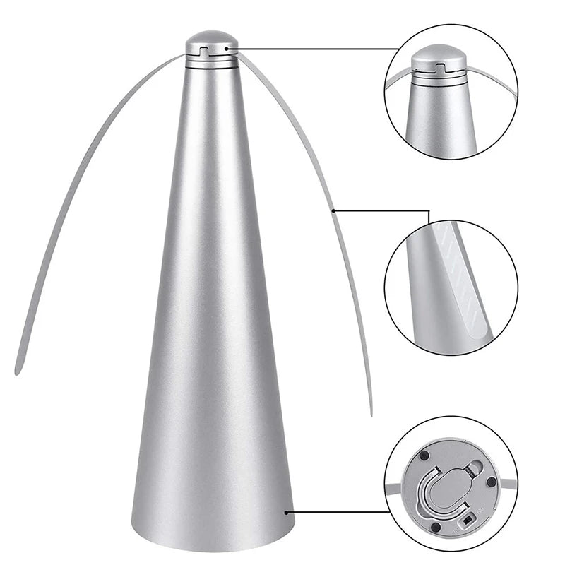 Diagram showing the components and operation of an automatic electric fly repellent fan.
