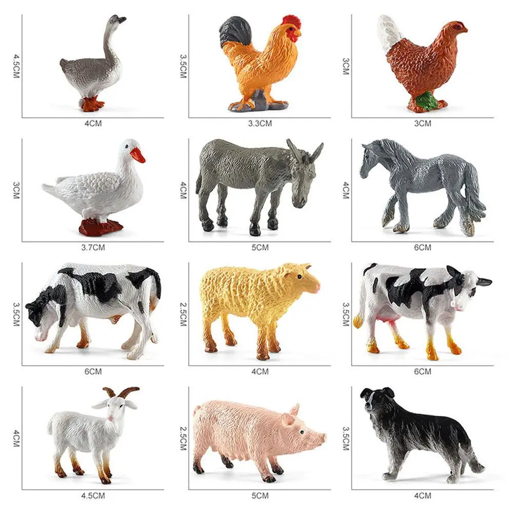 A set of realistic farm animal figurines including a turkey, goose, duck, and pig.