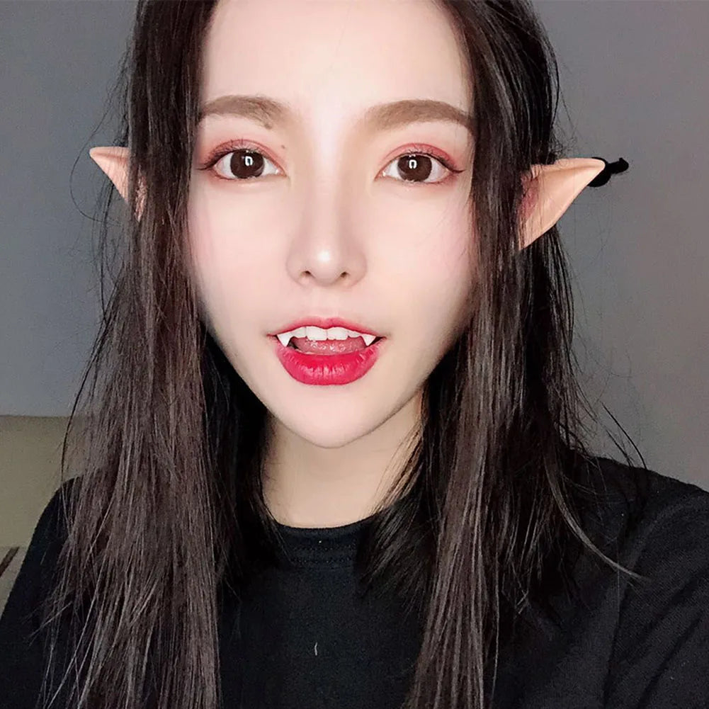 A close-up portrait of a woman wearing realistic latex elf ears for cosplay.