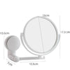 A white 360° rotating wall-mounted vanity mirror with HD magnification shown with dimensions.