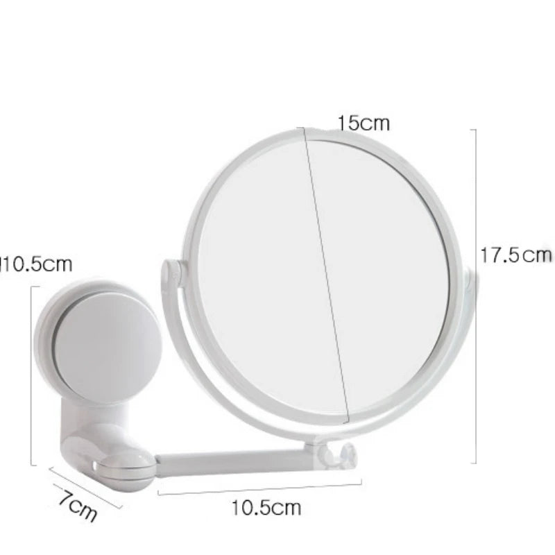 A white 360° rotating wall-mounted vanity mirror with HD magnification shown with dimensions.