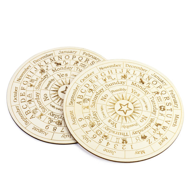 A wooden constellation pendulum board showing zodiac signs and months for divination altar decoration.