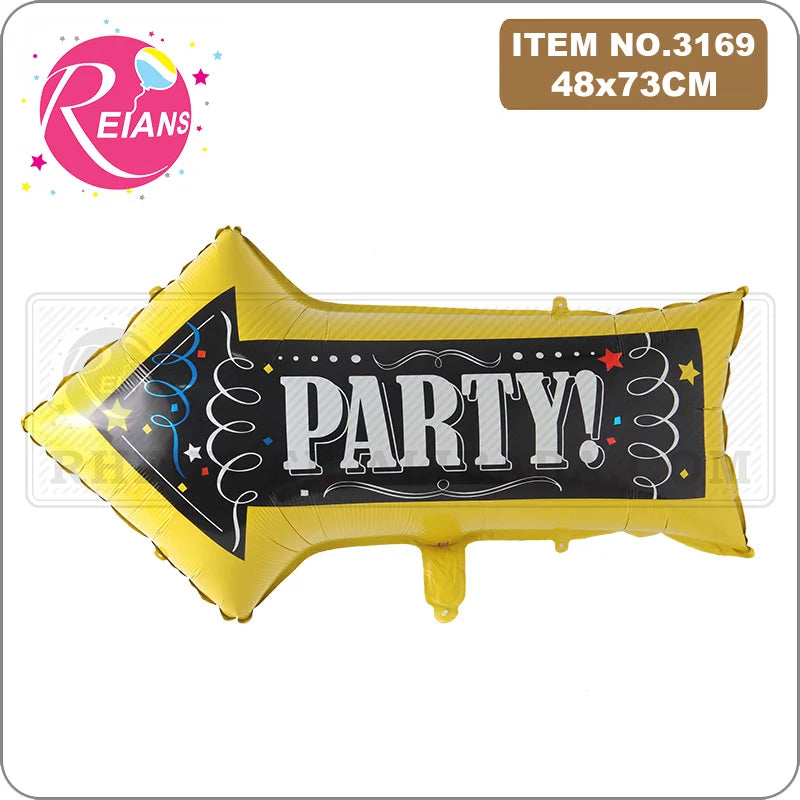 Yellow foil balloons shaped like a party banner with the word PARTY on it