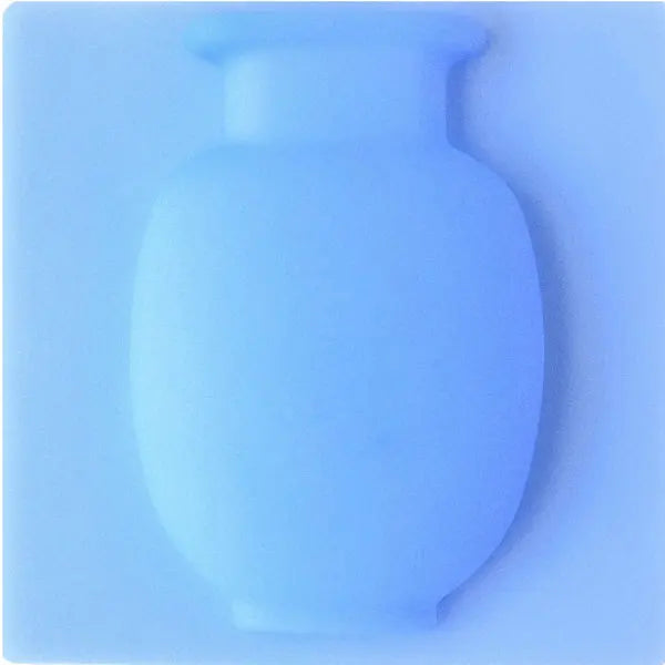 A smooth, light blue ceramic vase with a narrow neck and rounded body, shown in a studio setting.