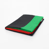 A stack of three flags in black, green, and red polyester fabric.