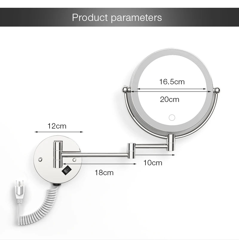 Wall-mounted LED makeup mirror with a circular mirror and an adjustable arm.