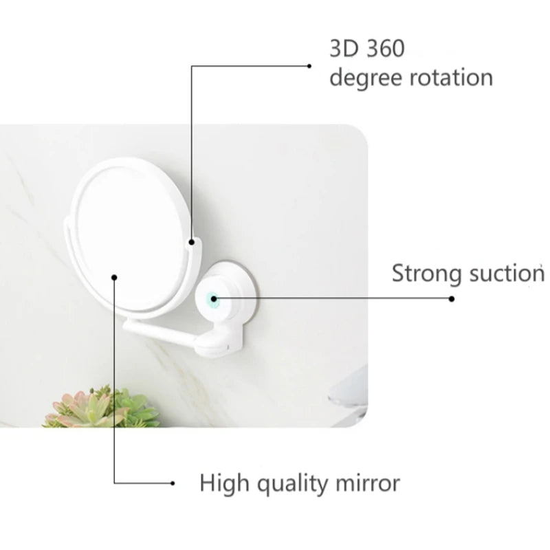 A white 360-degree rotating wall-mounted vanity mirror with strong suction and high quality glass.