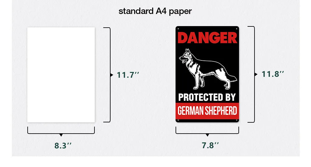 A black metal sign with a silhouette of a German Shepherd and the word DANGER Protected by German Shepherd printed on standar