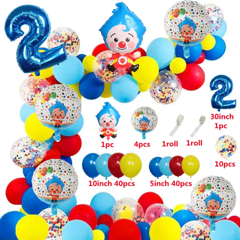 A colorful set of cartoon clown arch party balloons in various colors and sizes