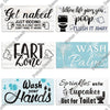 A set of five rustic wooden wall signs with humorous messages about bathroom habits and cleaning.