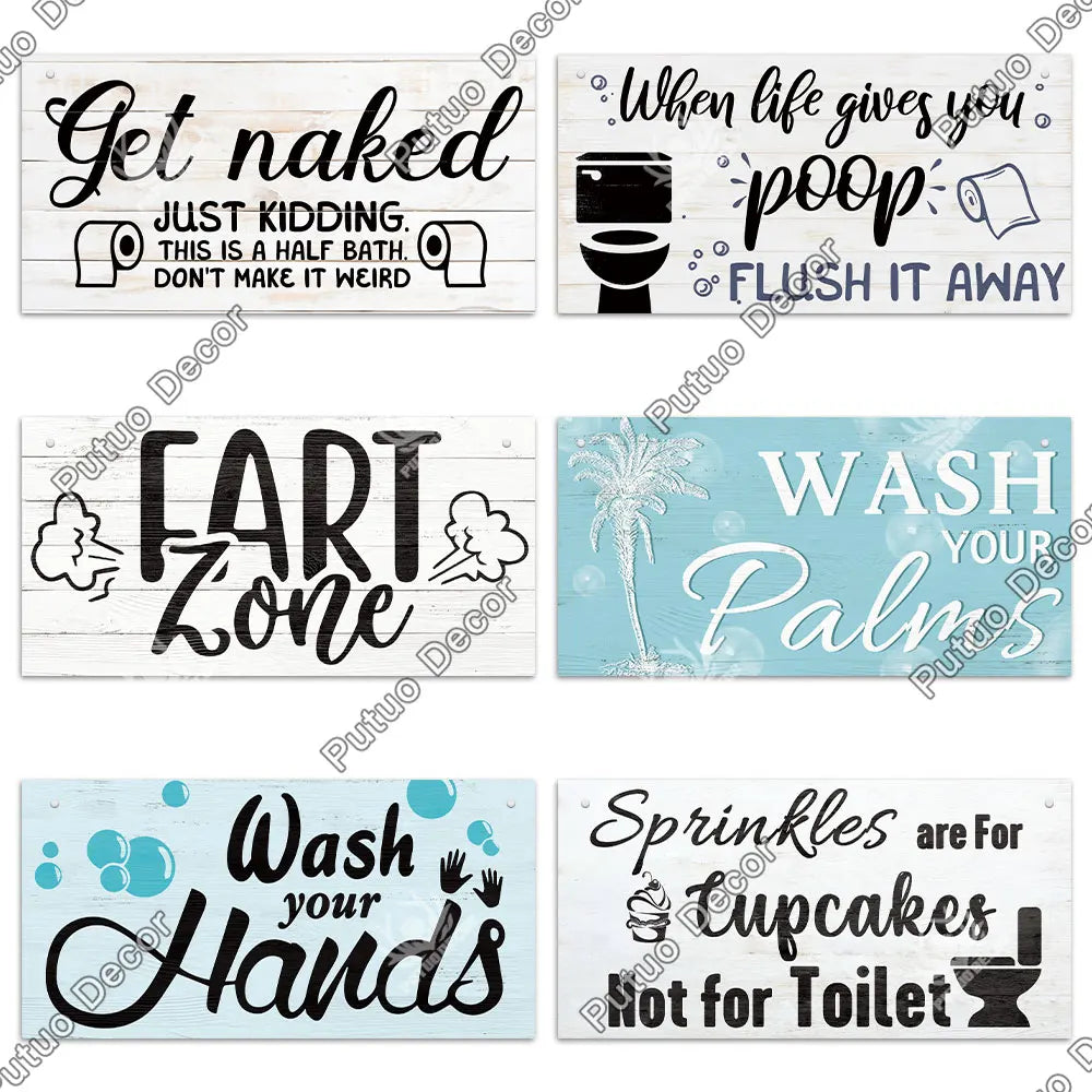 A set of five rustic wooden wall signs with humorous messages about bathroom habits and cleaning.