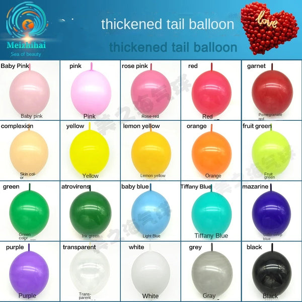A grid showing various colored thickened tail balloons including pink, yellow, red, orange, green, blue, purple, and white.