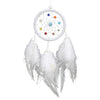 Handmade feather dreamcatcher wall decor with a white hoop and colorful beads hanging from white feathers