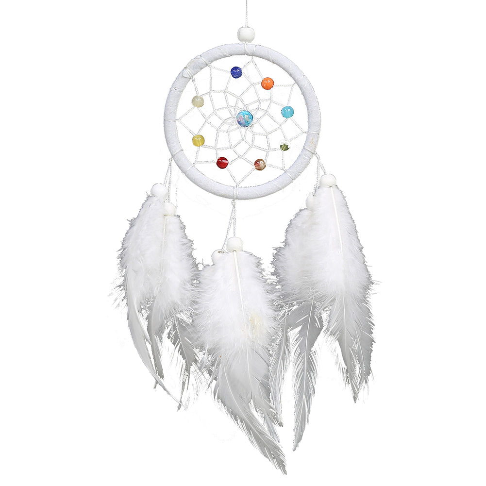 Handmade feather dreamcatcher wall decor with a white hoop and colorful beads hanging from white feathers