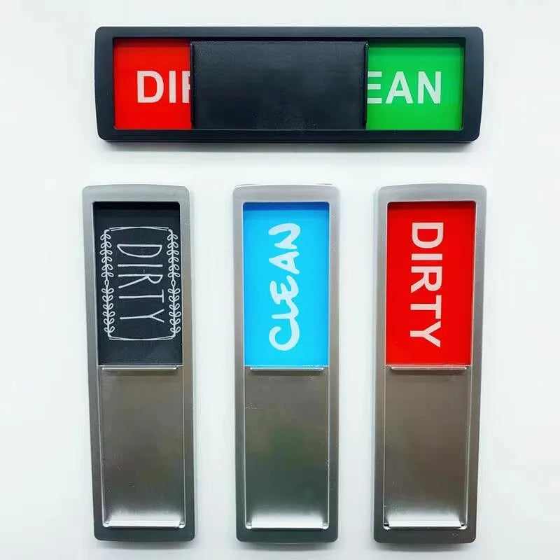 A set of four magnetic signs labeled Dirty, Clean, Dirty, and Clean for a dishwasher.